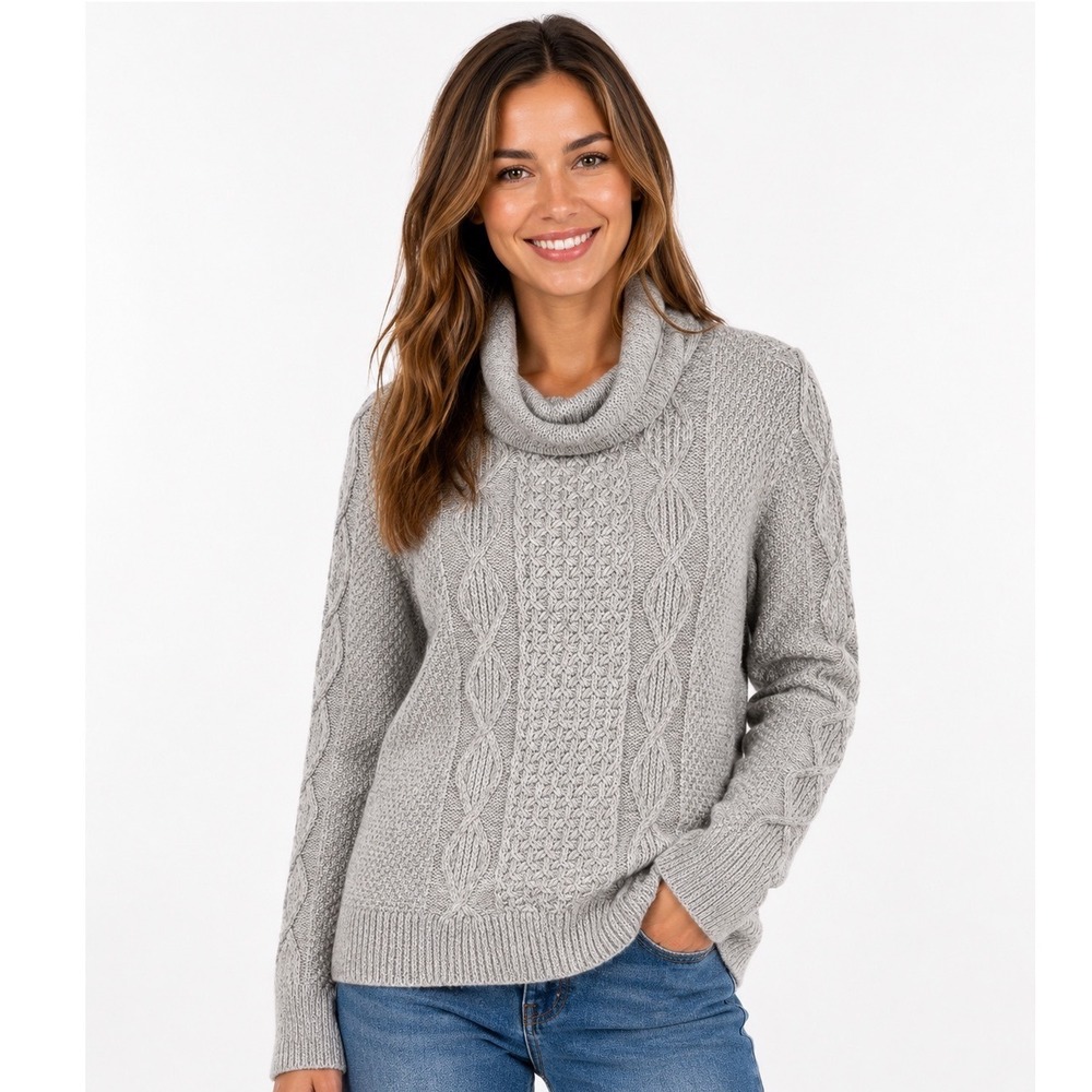 L.L.Bean Signature Women Medium Gray Cable Knit Cowl Neck Pullover Sweater Cozy